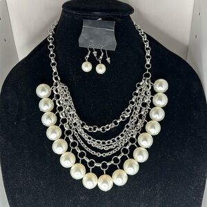 Layered Pearls Chain Necklace chain link style with matching Pearl Earrings
